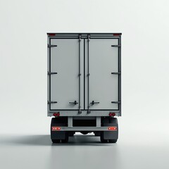 Rear view semi-trailer truck against plain white background. Transportation industry, logistic service, commercial freight, cargo delivery, haulage. Automotive, road, highway, transport, delivery,