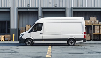 Fototapeta premium White Delivery Van in Front of Warehouse (Side View)