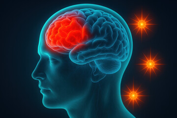 Obraz premium Glowing red light emits from brain scan.