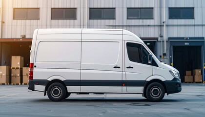 White Delivery Van in Front of Warehouse (Side View)