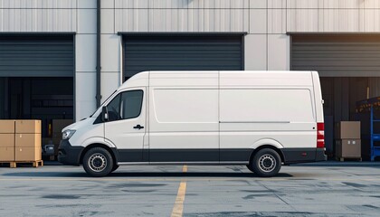 White Delivery Van in Front of Warehouse (Side View)