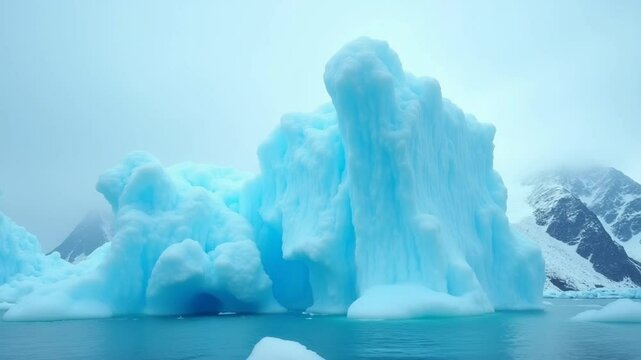 Tabular icebergs melt at turquoise ocean bay. Huge high ice glacier at polar nature environment. Arctic winter landscape at global warming problem. Desert white land of snow and ice timelapse.