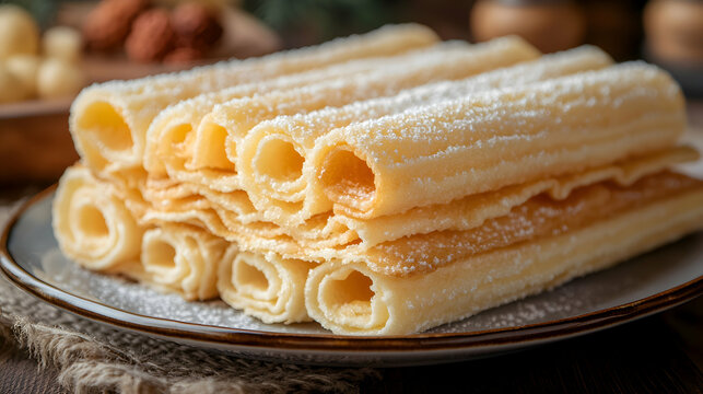 Crisp Neulas, Catalan Rolled Wafers, elegantly rolled and lightly dusted with sugar, served on a fine porcelain plate