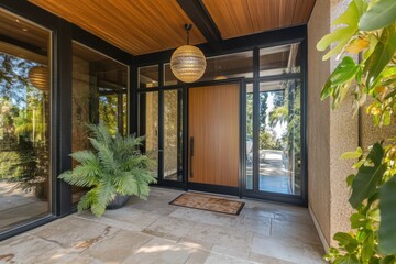 Welcoming entrance of a modern home showcasing elegant design and natural elements, featuring glass doors and a stylish light fixture amidst tropical landscaping