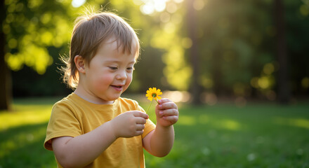 Boy with Down syndrome holding yellow flower in sunny park. Child in yellow t-shirt examining daisy with joy. Inclusion concept. Special needs childhood. Nature discovery. Horizontal banner