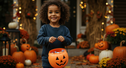 Smiling boy with orange pumpkin basket amid autumn decorations. Child in blue sweater at halloween porch display. Holiday celebration concept. Trick-or-treat tradition. Childhood excitement
