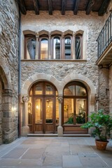 Fototapeta premium Historic courtyard showcases stunning architecture with stone walls, intricate windows, and a vibrant plant in a charming setting during evening light