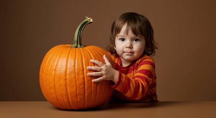 toddler with serious expression touching orange pumpkin against brown background. Child in striped red sweater with dark hair. Autumn harvest concept. Halloween preparation. Childhood curiosity.
