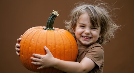 Caucasian toddler hugging large orange pumpkin against brown background. Child in brown shirt with joyful expression. Autumn harvest concept. Halloween preparation. Childhood excitement.