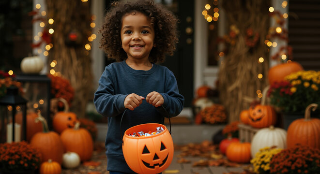 Smiling boy with orange pumpkin basket amid autumn decorations. Child in blue sweater at halloween porch display. Holiday celebration concept. Trick-or-treat tradition. Childhood excitement