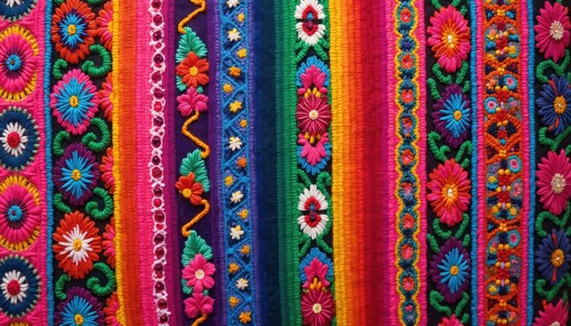 Traditional Guatemalan huipil fabric with vibrant, handwoven patterns. Colorful textile detailed craftsmanship, floral embroidery, cultural heritage. Perfect backdrop for design projects, textile