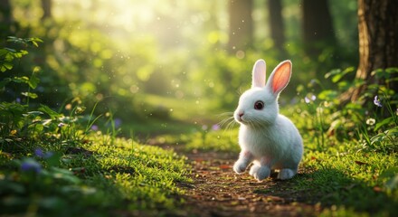 Fototapeta premium White Rabbit Woodland Path Stroll - A fluffy white rabbit hops along a sunlit woodland path, symbolizing purity, peace, springtime, nature, and new beginnings