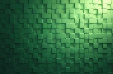 Fototapeta premium Abstract green background made of 3D cubes. Mosaic of squares, tile texture. Geometric pattern with light and shadows. Digital art, technology background for design, wallpaper.