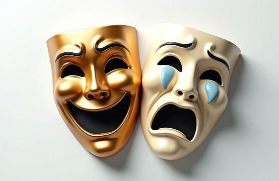 Illustration featuring comedy, tragedy masks, symbols of joy, sorrow. Golden smiling mask contrasts with crying mask. Concept represents theatre drama performance emotions, contrast, happiness, grief