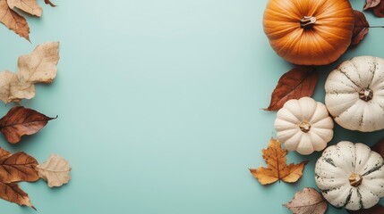 Fototapeta premium Autumn harvest scene with pumpkins and leaves on a teal background.