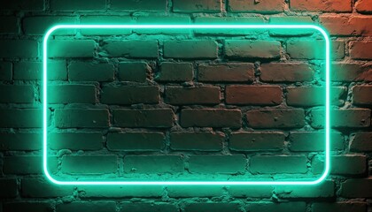 Green neon frame on brick wall. Grunge urban background with glowing light. Empty space for advertising. Nightlife concept. Ideal for posters banners flyers. Modern trendy design.