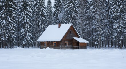 Winter Cabin in Snowy Forest - A cozy wooden cabin nestled in a snow-covered pine forest, perfect for a winter getaway. Peaceful and serene