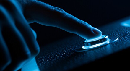 Finger pressing a glowing blue button on a textured surface in a dark environment