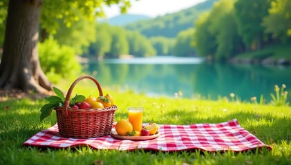 A sunny summer picnic scene with checkered blanket, food basket, and drinks , lemonade, countryside