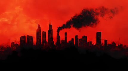 Fototapeta premium A stylized city skyline silhouette against a vibrant red background, with dark smoke rising, conveying an industrial and environmental theme. [Ocular City] | Tracked Echo | motion ghost. Illustration