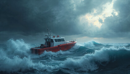 Naklejka premium Red rescue boat navigates stormy ocean waves under dramatic sky. Vessel faces challenging conditions, battling turbulent water. Marine theme, sea adventure, danger, emergency. Transportation,