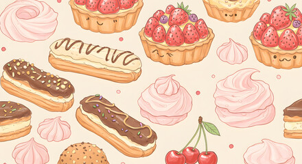 Set of hand-drawn french patisserie items with a playful twist. Eclairs, tarts, meringues and cherries in a scribbly, artistic style. Soft and dreamy aesthetic