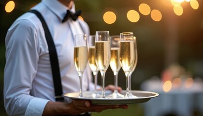Waiter serves champagne flutes on tray. Wedding reception, event celebration. Sparkling wine, toasting guests, formal occasion. Luxury service, hospitality. Focus on marriage union, honeymoon,