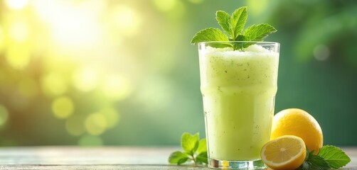 Refreshing mint lemonade slush with lemon and mint leaf garnish. Healthy summer cold beverage on the wooden table. Natural light background. Perfect for restaurants bar menu or cafe.