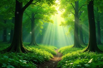 Obraz premium Lush green forest background, dappled sunlight filtering through leaves , spring, natural