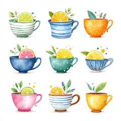 set of colorful teacups with citrus fruit slices and botanical elements, fresh summer watercolor style
