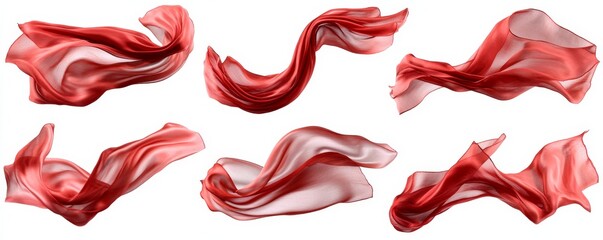 Collection of flying red silk fabric. Waving satin cloth isolated on white PNG background. Generative AI