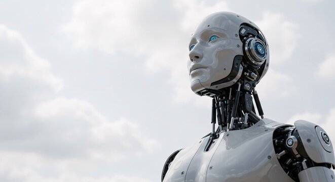 Futuristic humanoid robot with advanced technology and a sleek design looking ahead