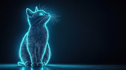 A glowing neon outline of a cat sits against a dark background, creating a futuristic and artistic effect.