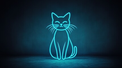 A glowing blue neon outline of a cat sits on a dark background, creating a modern and playful atmosphere.