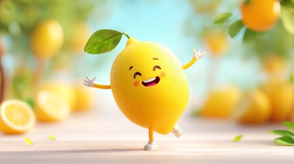 funny 3D cartoon lemon with silly face and tiny hands dancing in a citrus grove, bright yellow and sunny environment