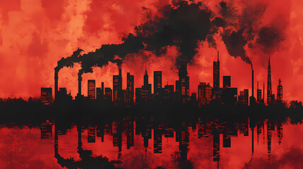 stylized red city skyline smoke