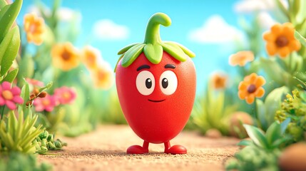 playful cartoon chili pepper character with bold expression, standing in a spicy garden under a warm sky, vibrant 3D illustration