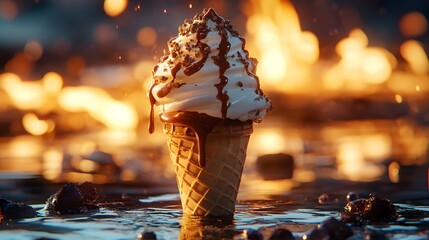 Ice cream cone with chocolate syrup dessert sweet treat delicious food photo