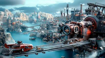 Sprawling steampunk industrial city with intricate machinery and a retro vehicle, set in a gritty, atmospheric landscape.