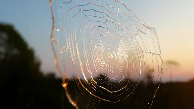 close-up video of a spider web with dew drops reflecting the rising sun's rainbow effect during soft twilight dawn, camera zooming out concept of morning nature beauty