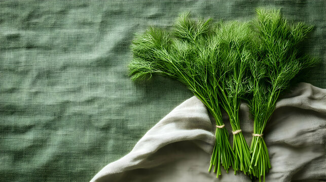 Eneldo, Dill fresh dill sprigs laid on linen cloth, dusty green background