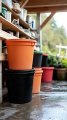 Naklejka premium Pots stacked in a shed with shelves; rustic and colorful