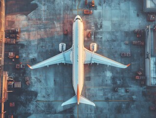 Aerial top view of airplane on airport runway during sunrise

