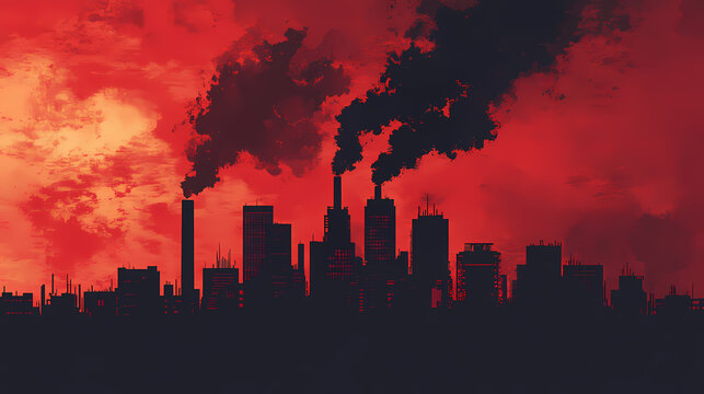 stylized red city skyline smoke