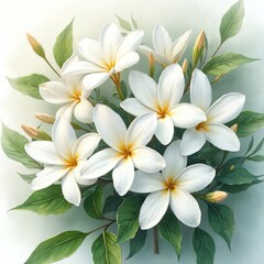 Naklejka premium Watercolor illustration of blooming jasmine flowers. White petals with yellow center. Green leaves, buds on branch. Botanical design for wedding invitation, greeting card. Delicate, tender, floral