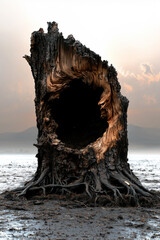 Ancient hollow tree stump with textured bark and roots on a misty shoreline.