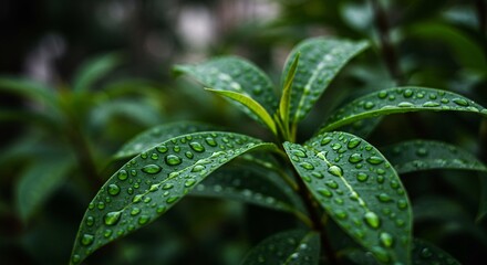 Lush green leaves covered in glistening raindrops in a natural setting