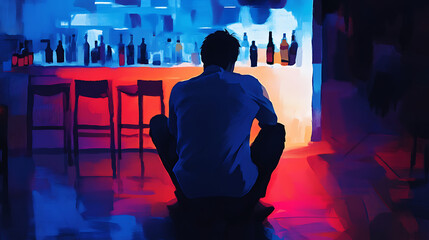 A man sits alone at a bar with bottles and stools in the background under neon red and blue lighting