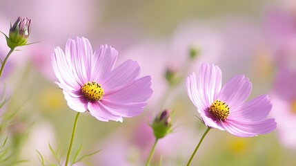 Delicate Pink Cosmos Flowers in a Field, Soft Focus, Floral Background