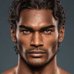 Obraz premium Portrait Male Close-up Photo Handsome Strong Curly Hair Expression Serious Beauty Confidence Masculinity Model Fashion Style Contemporary Artistic Visual Depth Details Identity Human Character